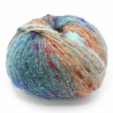 211 fluffy yarn with blue and beige with pops of color in red and purple