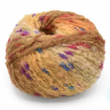 215 fluffy yarn in tans and yellows with pops of color in blue and wine and purple